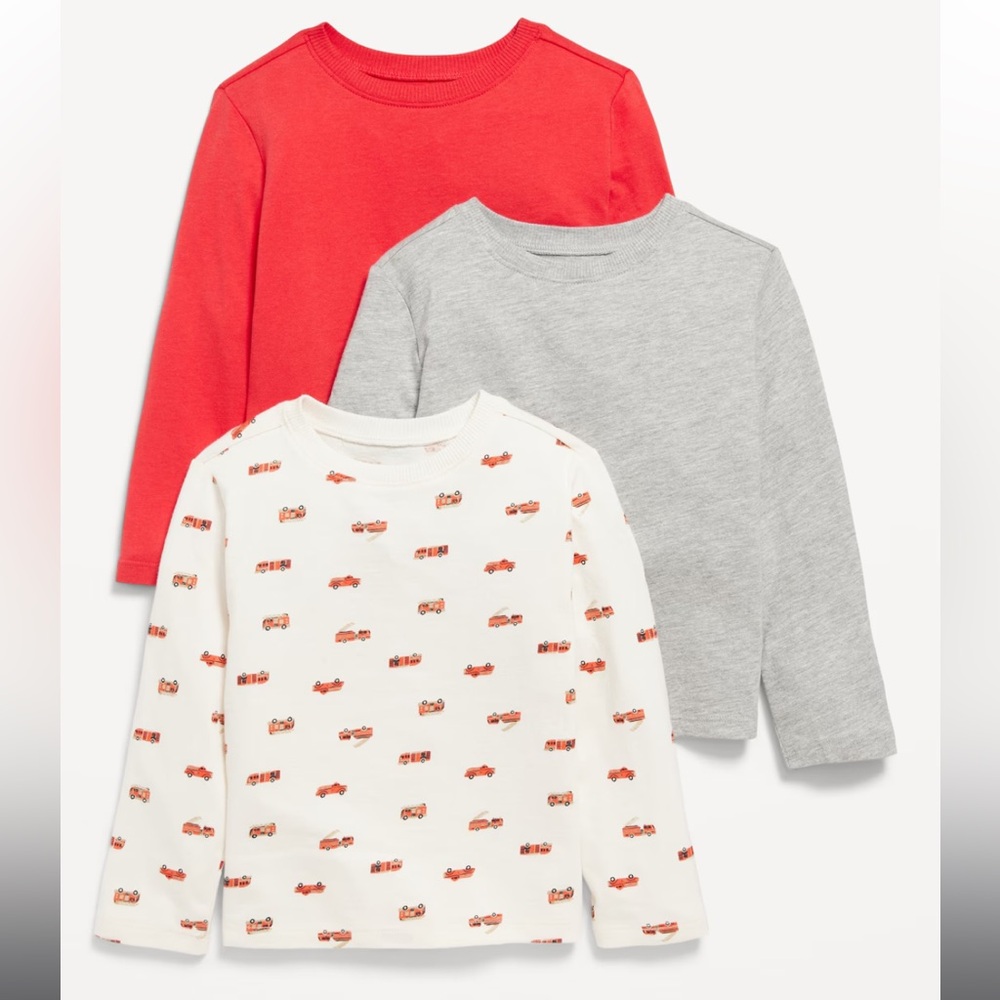 NWT Old Navy Long Sleeve Shirts - 3 Pack - Firetruck, Red, Grey - 12-18 months